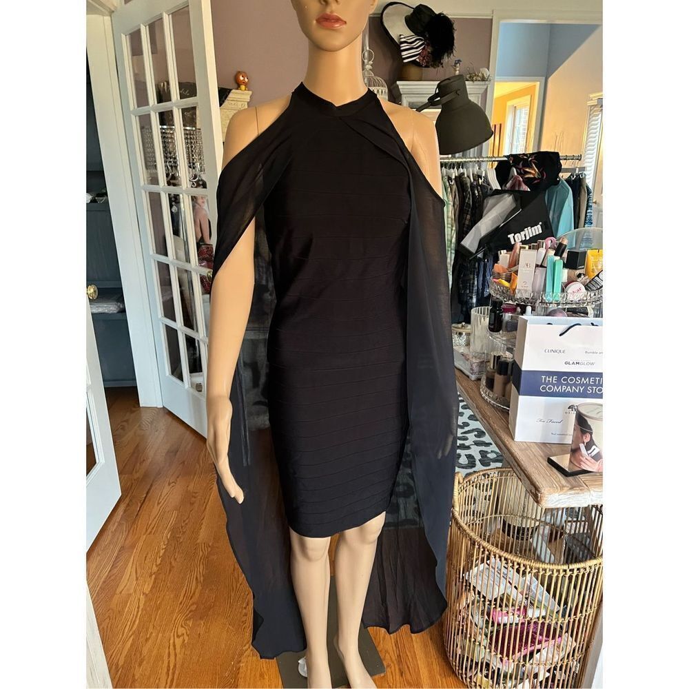 Venus Black Ribbed Cape Sleeve Body Con Cocktail Dress sz 4 EUC